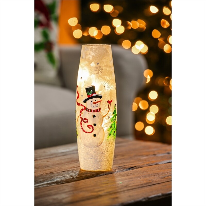 Hand painted Snowman & Cardinal Glass LED Cylinder
