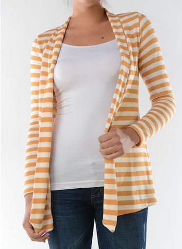 Striped Terry Cloth Open Front Cardigan - Mustard