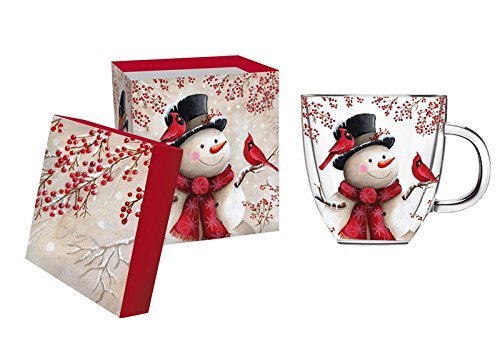 Snowman and Cardinal Double Wall Glass Tea or Coffee Cup- With Matching Gift Box, 12 ounces