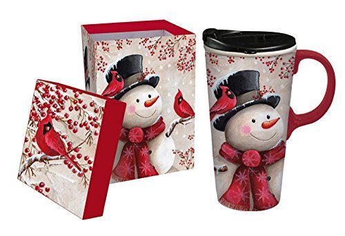Snowman and Cardinal Ceramic Travel Mug with Gift Box, 17oz