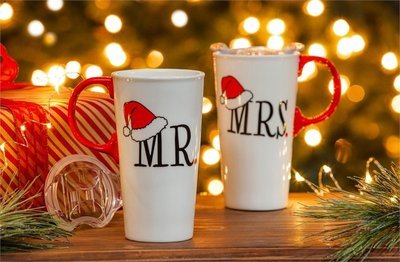 Mr. and Mrs. Santa Clause Ceramic Travel Cups, Gift Set of 2