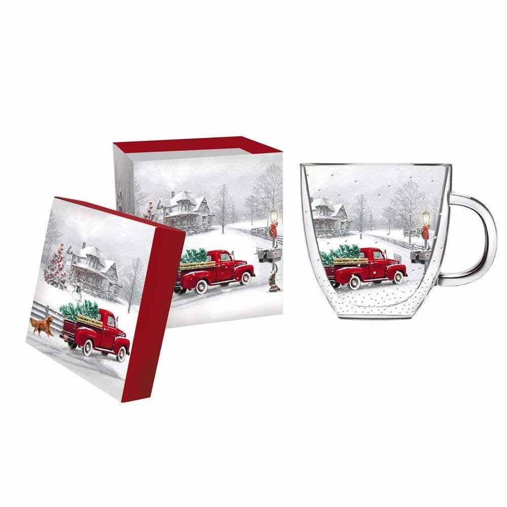 Winter Truck Glass Coffee Cup with Gift Box, 12 ounces