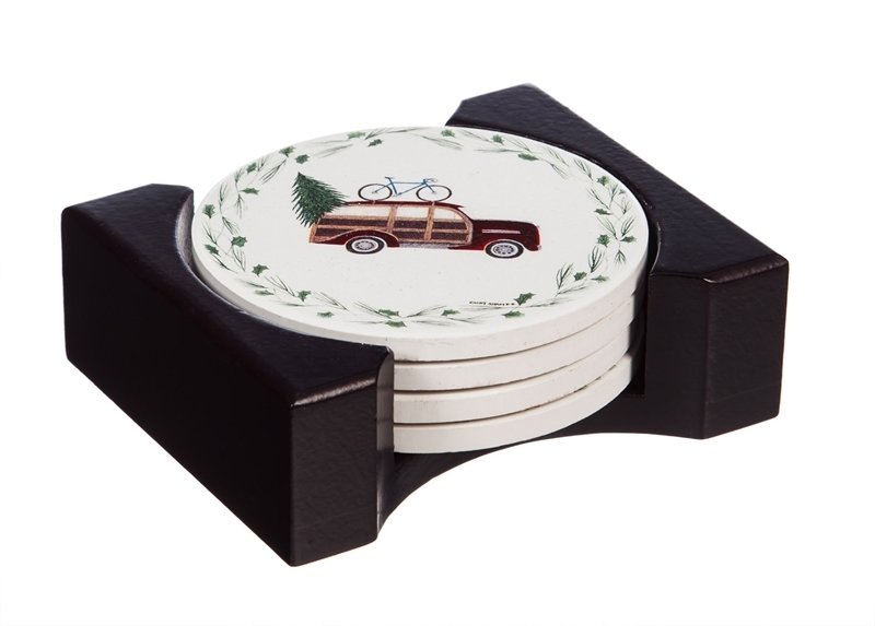 Happy Holidays Vintage Cars Ceramic Coasters, Set of 4