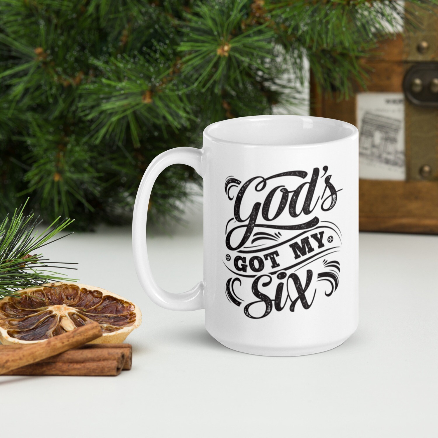 &quot;God&#39;s Got My Six&quot; White glossy mug