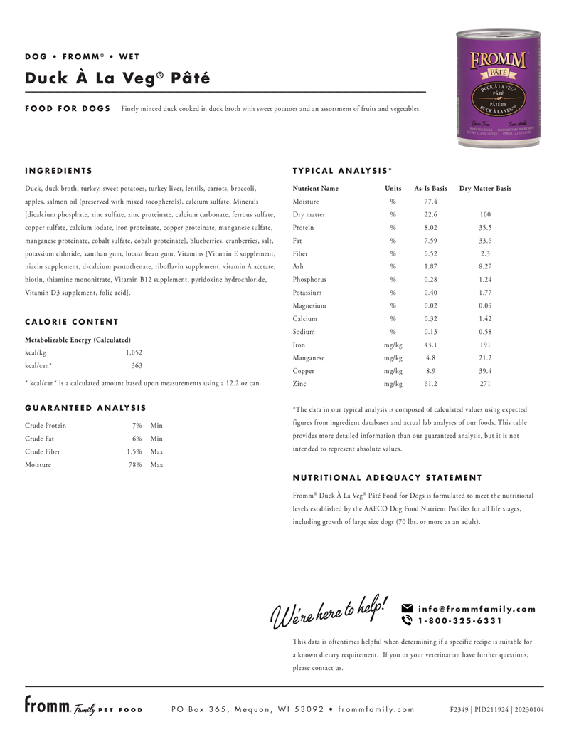 Fromm Can Dog Food GF, Flavor: Duck A La Veg
