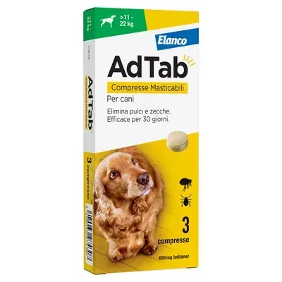 AdTab per Cani dai 11 ai 22 Kg, 3 Compresse Masticabili Antiparassitarie AdTab per Cani dai 11 ai 22 Kg, 3 Compresse Masticabili Antiparassitarie