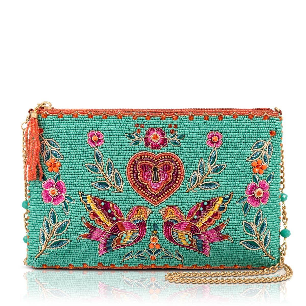 Two In Love Lovebirds and Heart on Turquoise Beaded Handbag