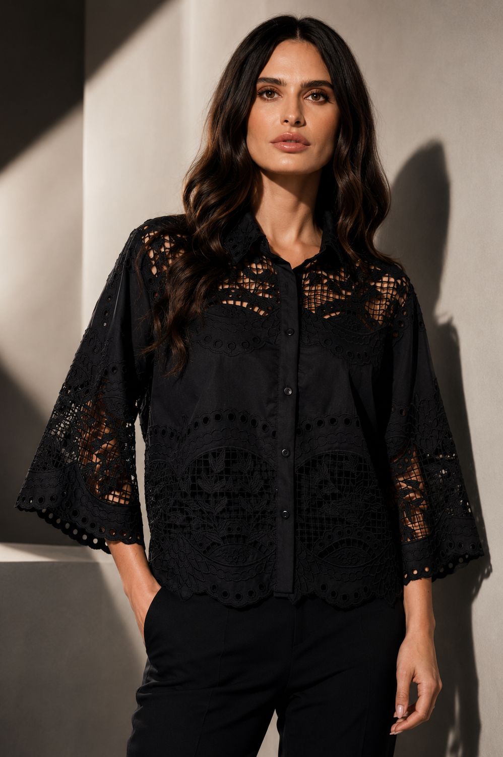 A104-B Embroidered Lace Button-Down Blouse