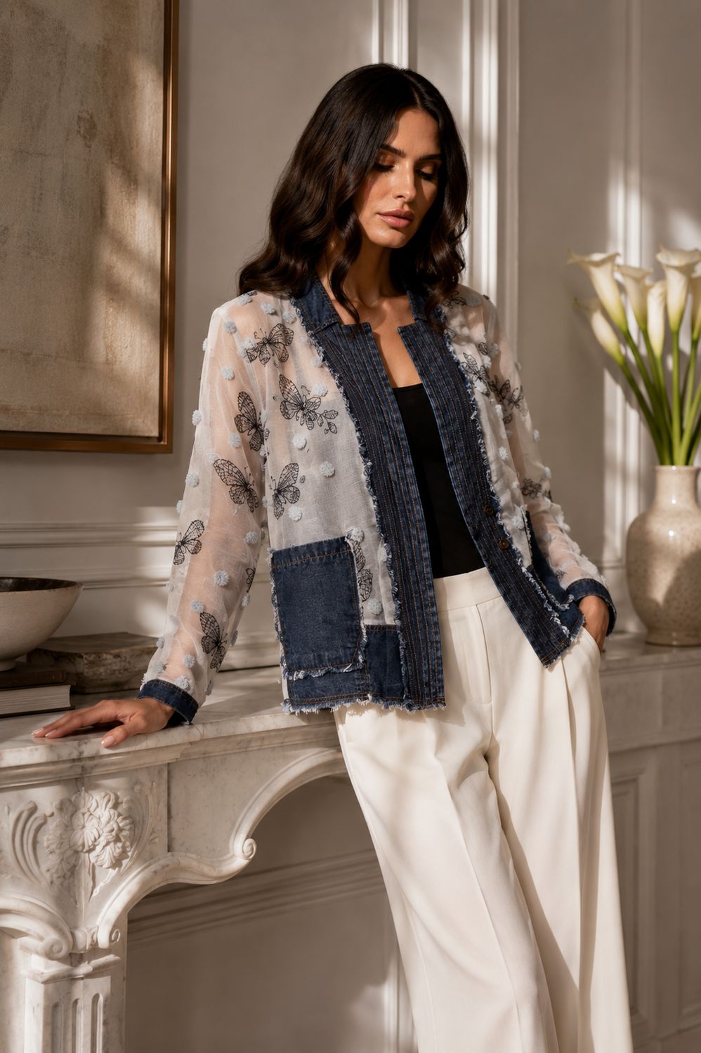 2614 Chiffon Embroidered Jacket with Denim Trim