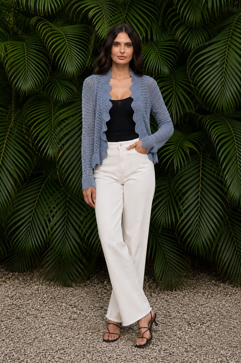 L-34520 Scalloped Open-Front Knit Cardigan