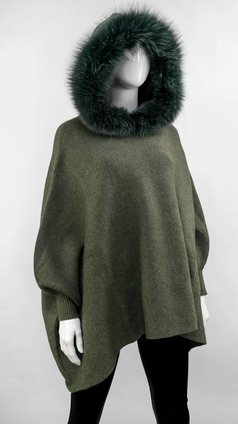 Knit Hoodie Poncho Fox Trim, Color: Khaki