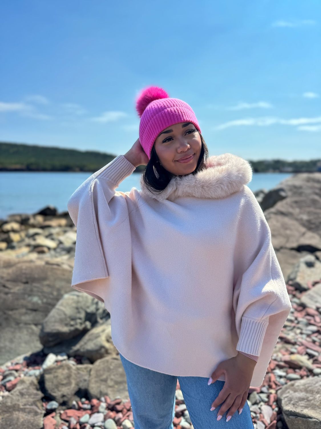 Knit Hoodie Poncho Fox Trim