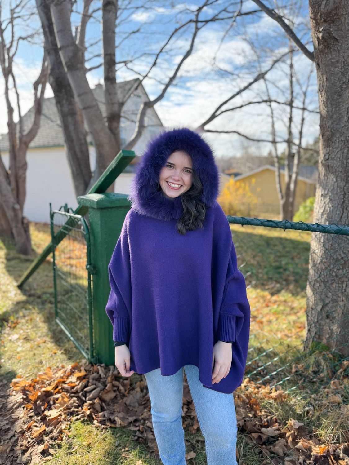 Knit Hoodie Poncho w/Fox Trim