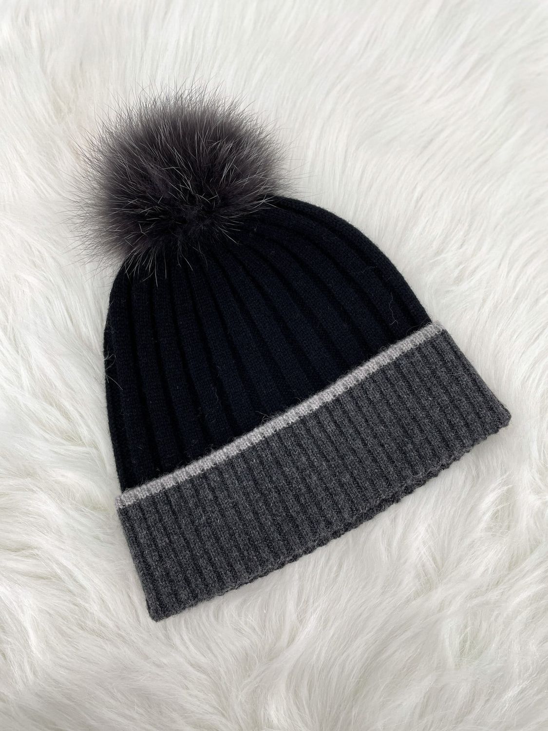 Knit Hat with Border &amp; Fox Pom