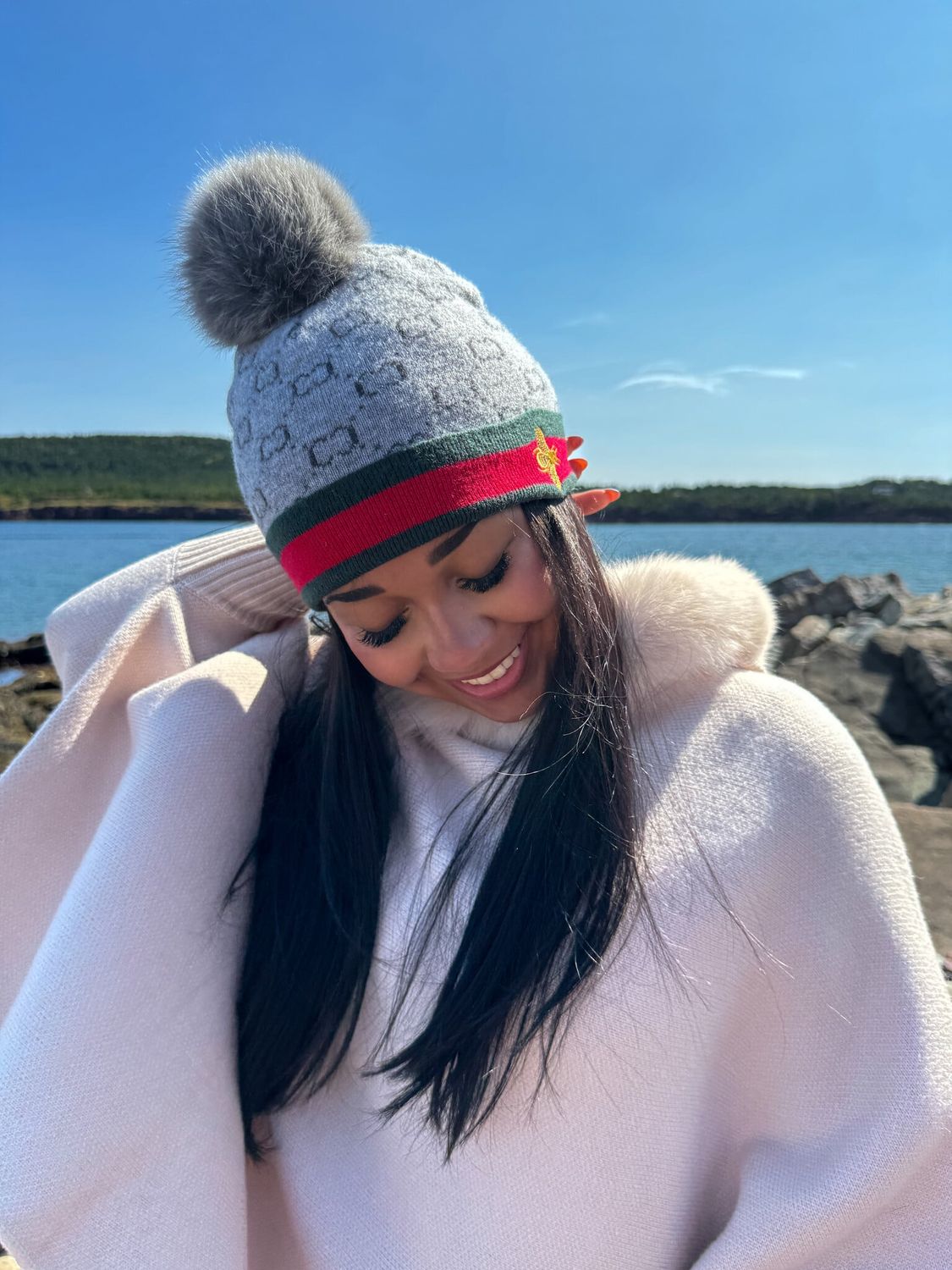 Knit Hat with Embroidered Bee Border &amp; Fox Pom