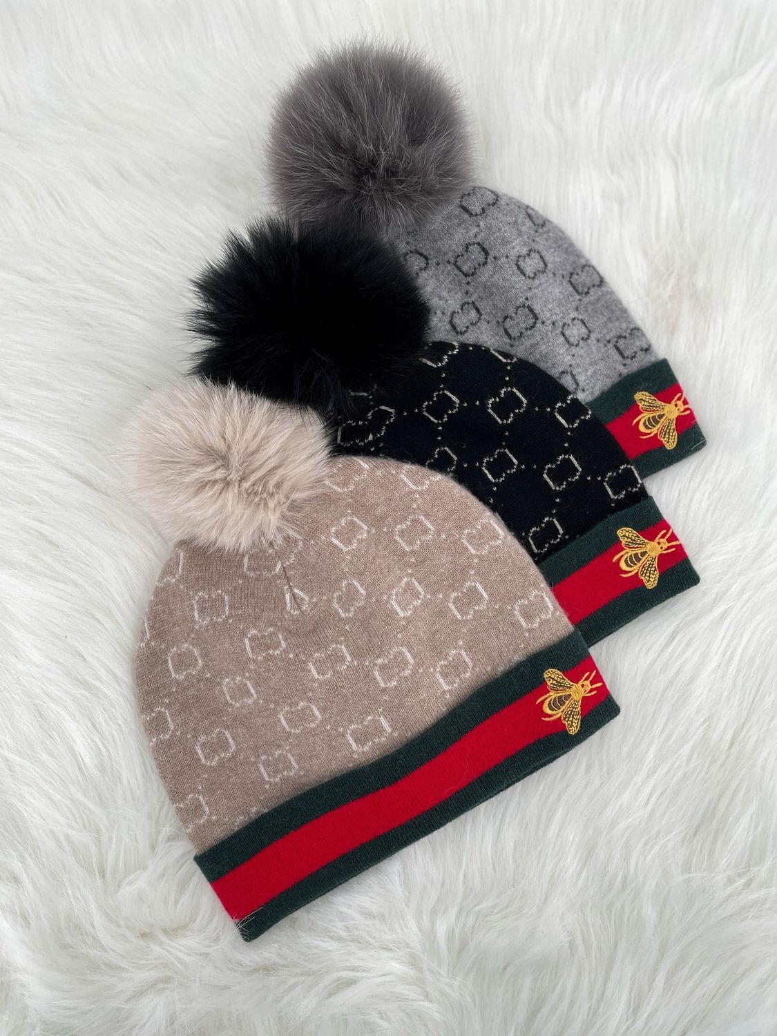 Knit Hat with Embroidered Bee Border &amp; Fox Pom
