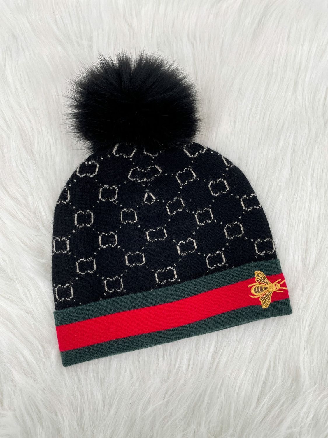Knit Hat with Embroidered Bee Border &amp; Fox Pom, Color: Black