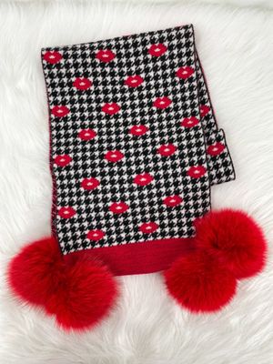 Houndstooth &amp; Lips Scarf with Fox Pom 