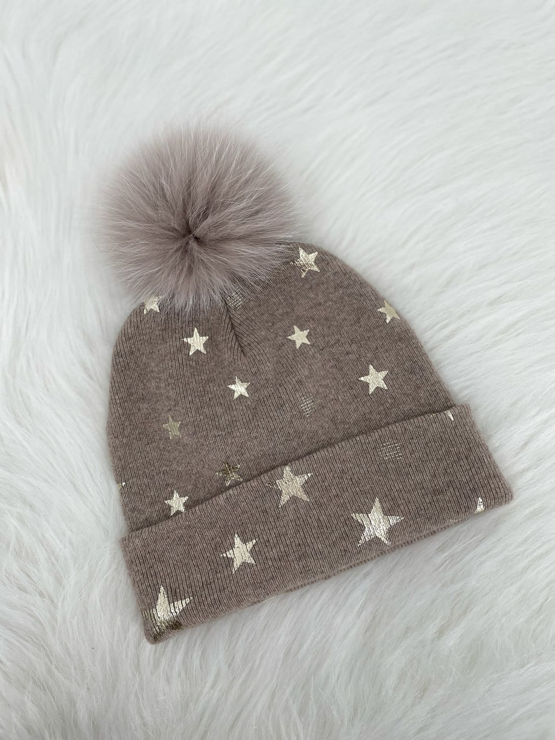 Star Hat with Fox Pom, Color: Beige