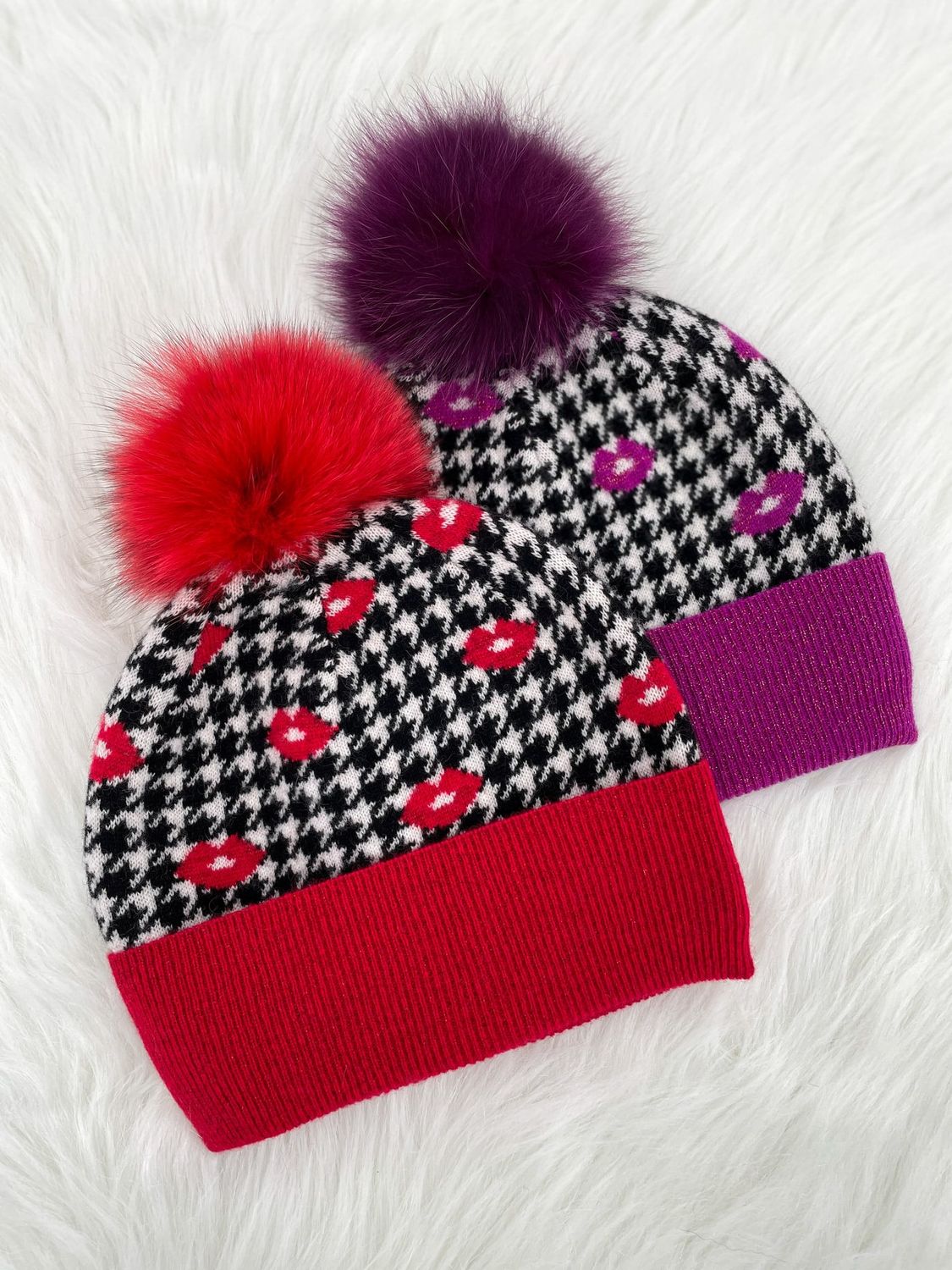 Houndstooth &amp; Lips Hat with Fox Pom