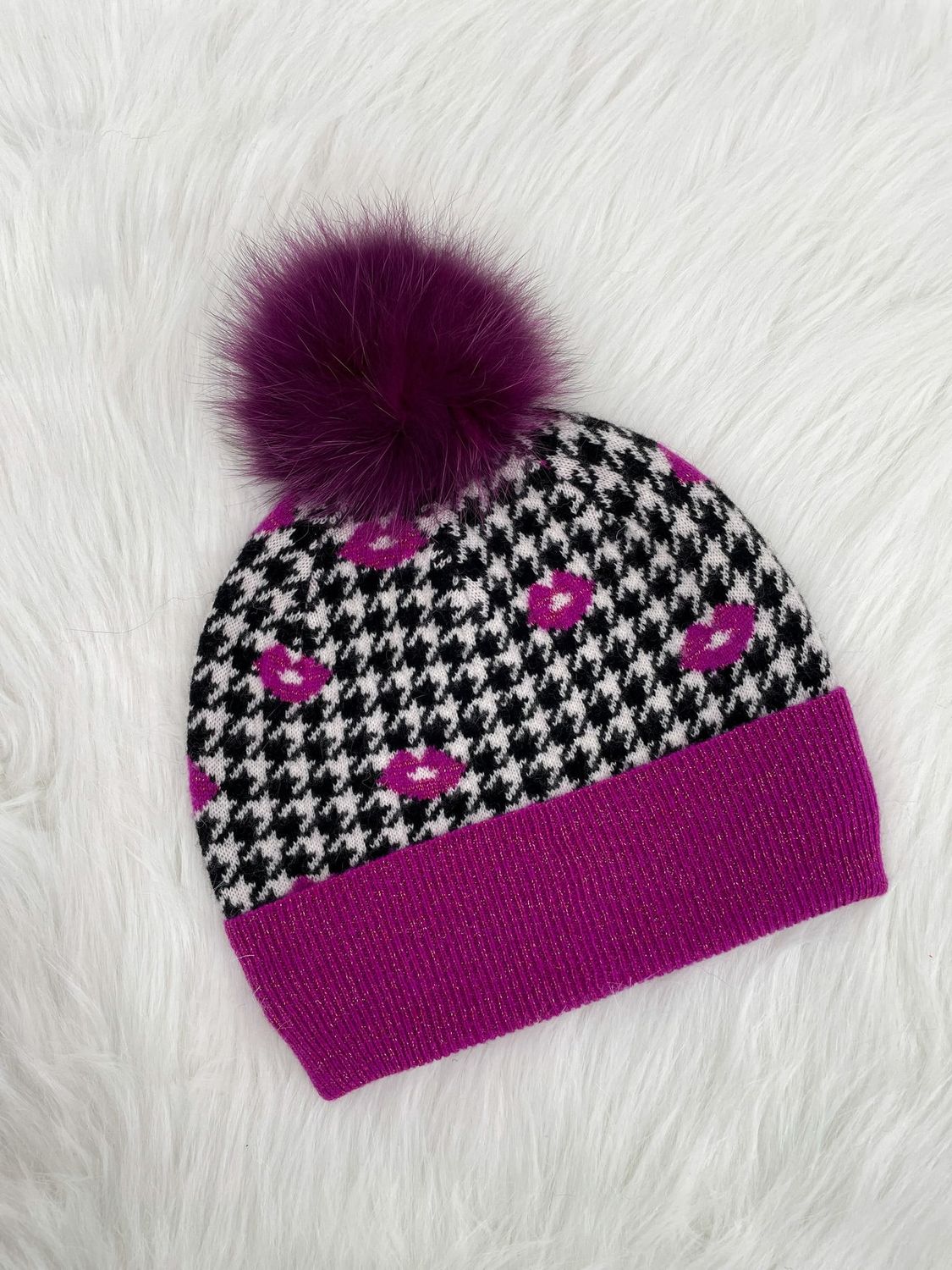 Houndstooth &amp; Lips Hat with Fox Pom