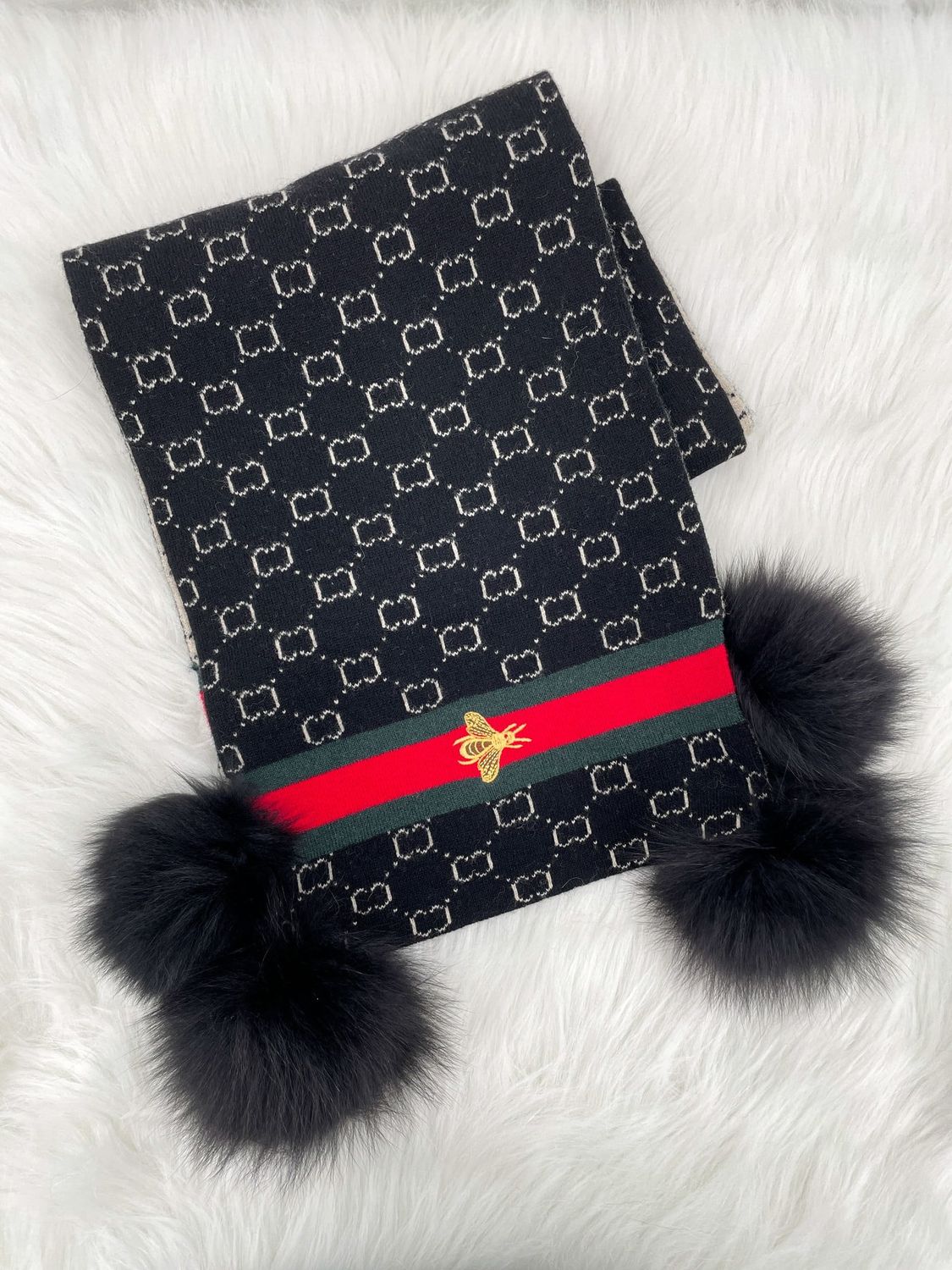 Knit Scarf with Embroidered Bee Border &amp; Fox Pom