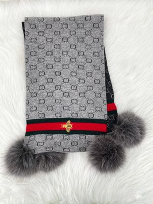 Knit Scarf with Embroidered Bee Border &amp; Fox Pom
