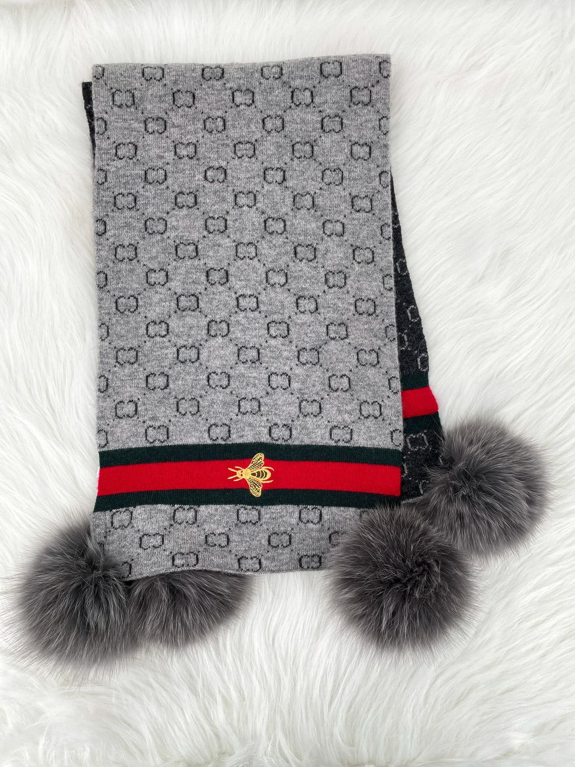 Knit Scarf with Embroidered Bee Border &amp; Fox Pom
