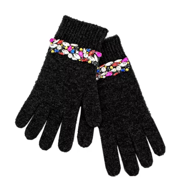 Knit Gloves with Crystals, Color: Black