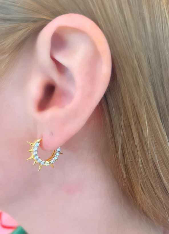 Crystal Spiked Huggies, Color: 18K Yellow Gold Vermeil, Stone: Clear