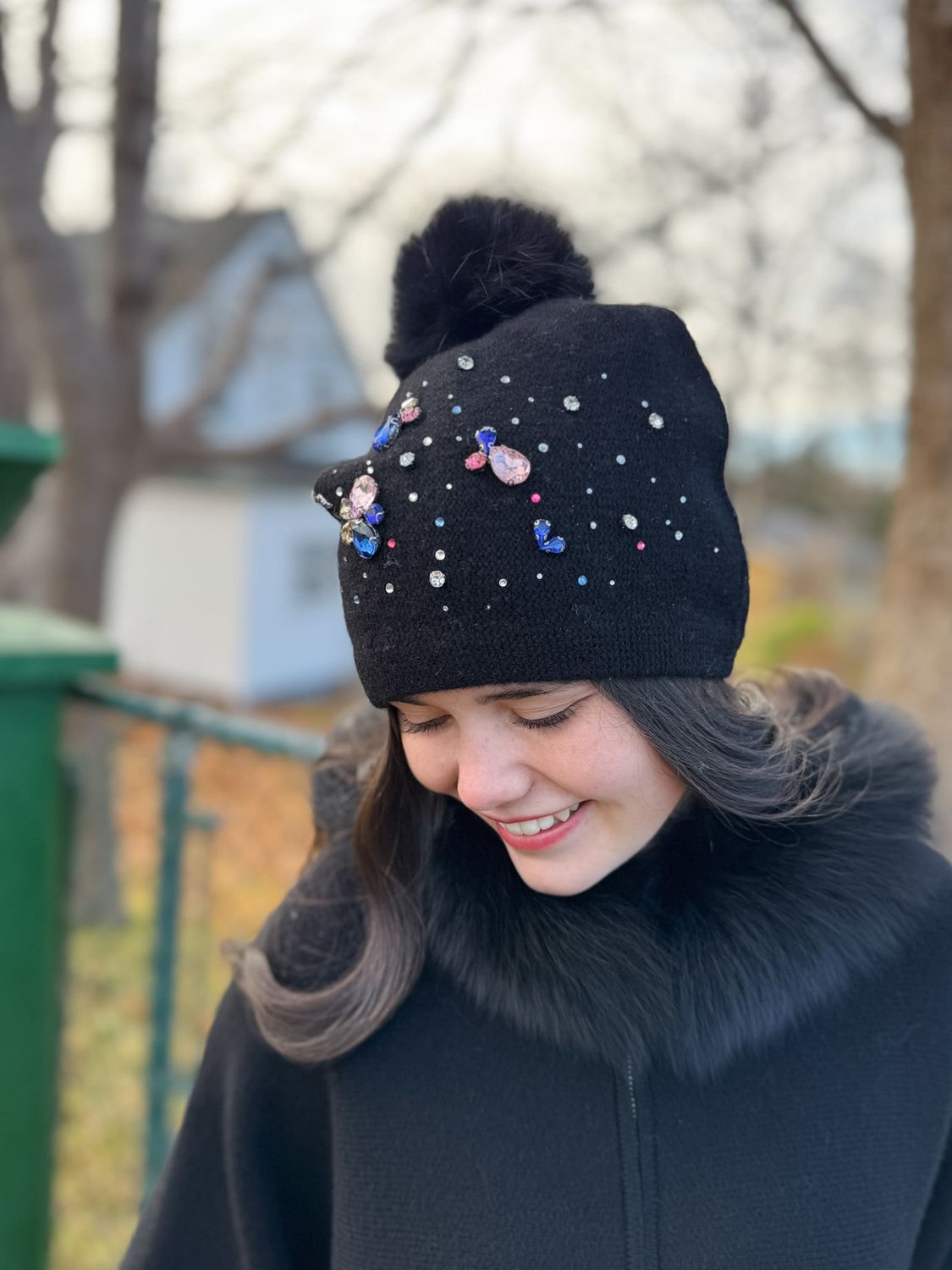 Beanie with Crystals and Fox Pom, Color: Black
