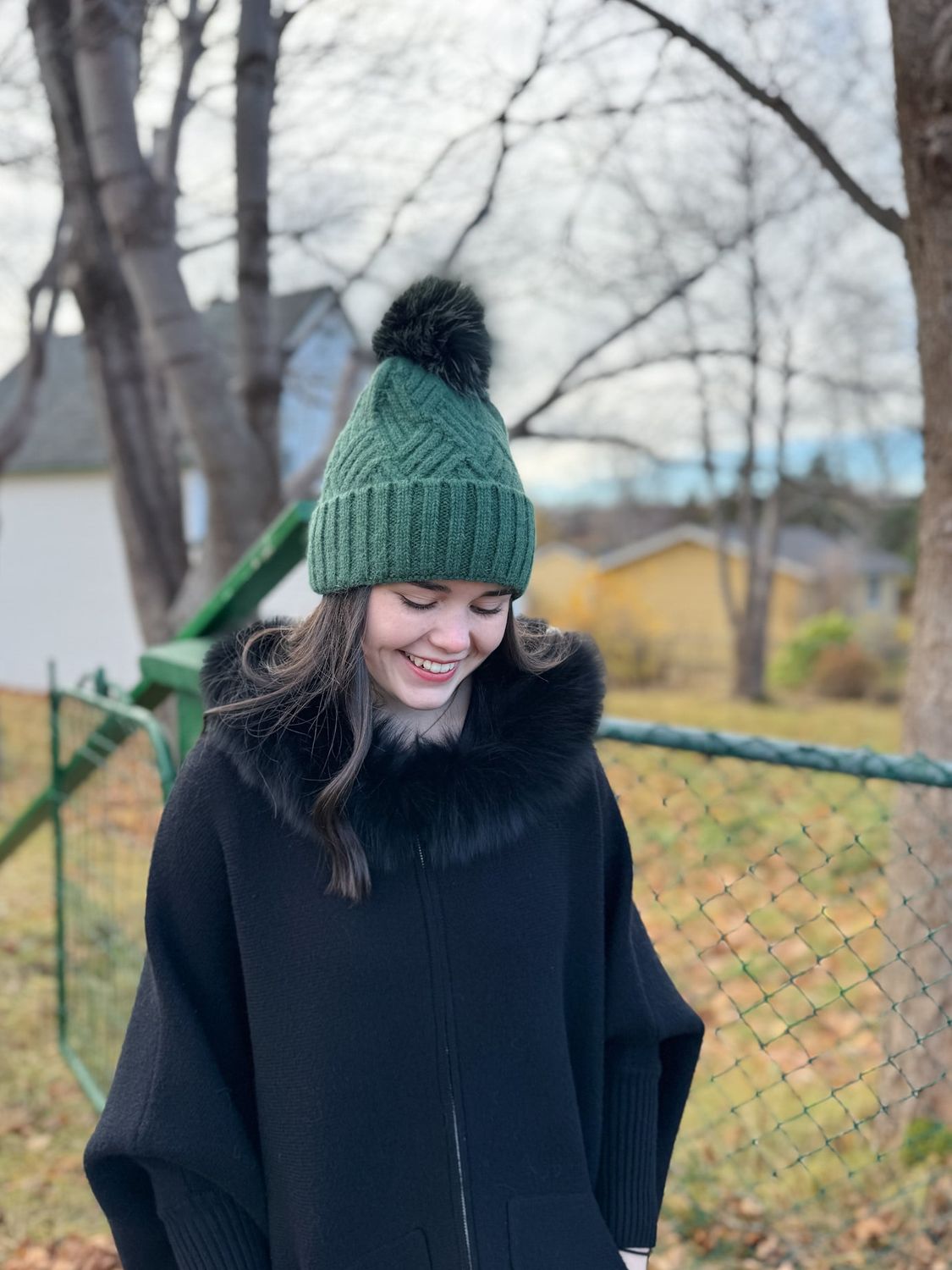 Woven Hat with Fox Pom, Color: Khaki