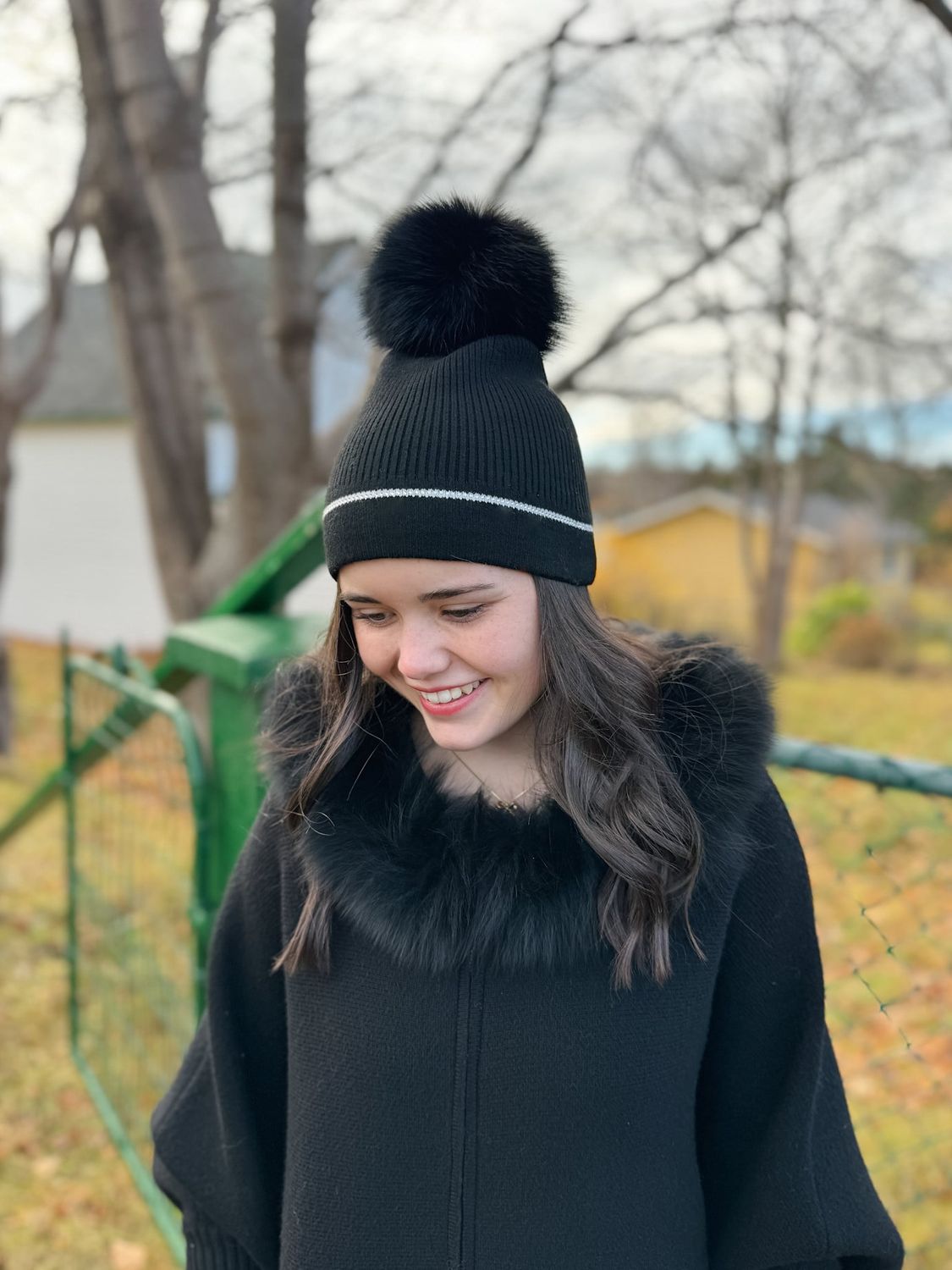 Fox Fur Beanie with Crystal Detail, Color: Black