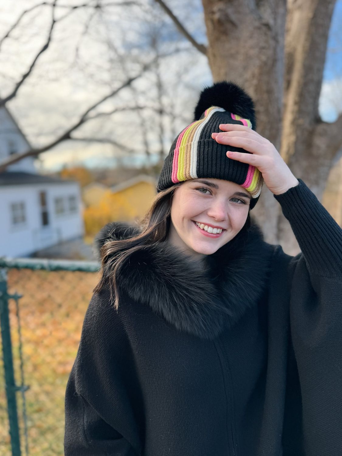 Modern Striped Hat with Fox Pom, Color: Black