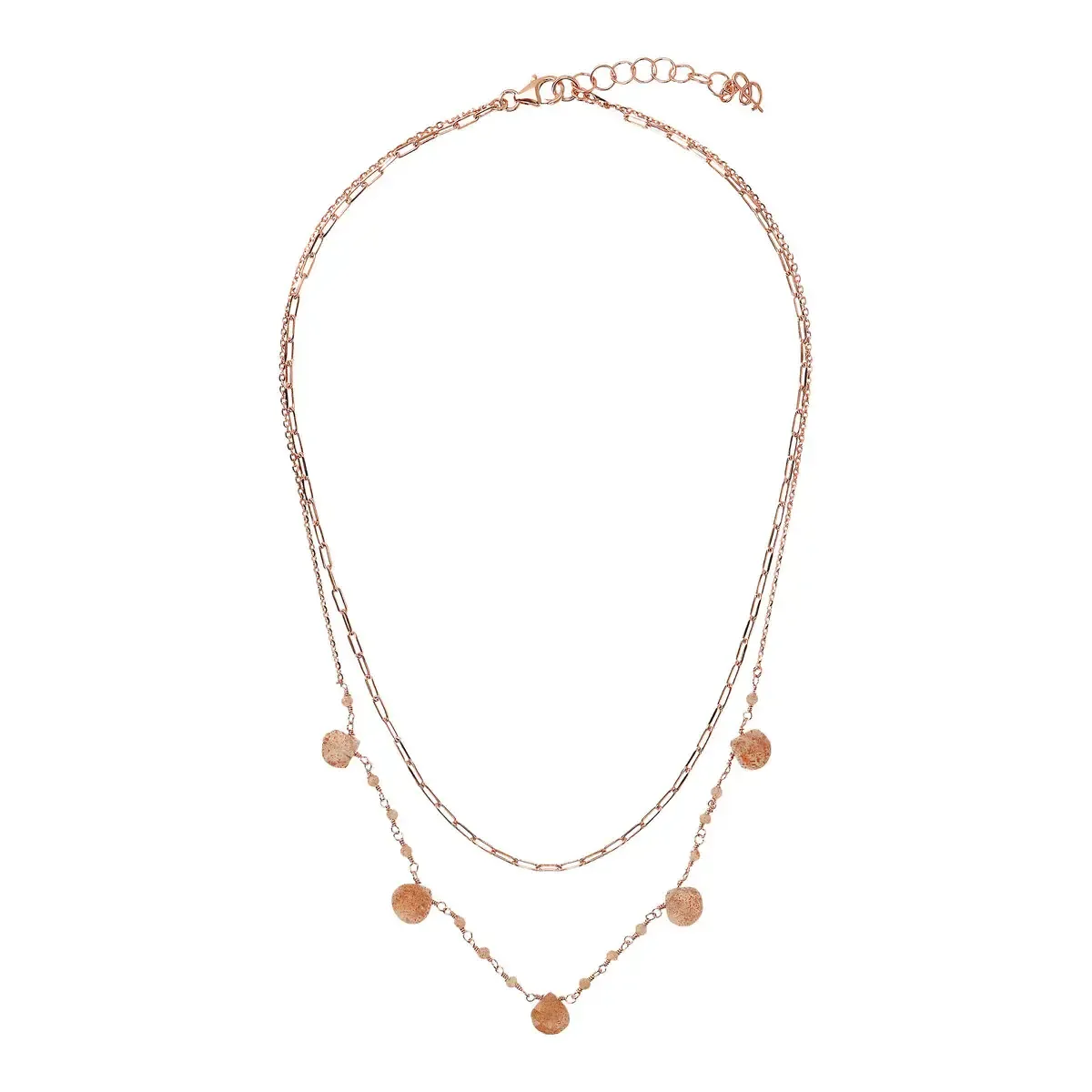 Double Multi-strand Necklace with Drop Shape Natural Stones, Color: Orange - Sunstone