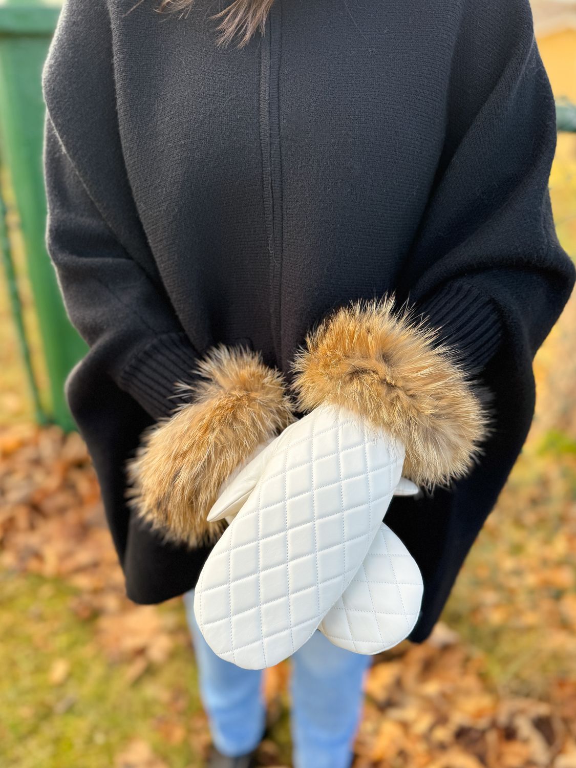 Ivory Quilted Leather Mittens, Color: Raccoon, Size: S/M