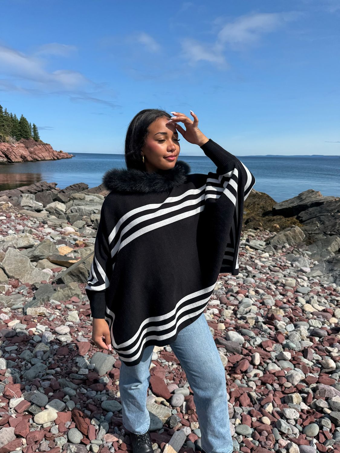 Striped Knit Hoodie Poncho Fox Trim, Color: Black