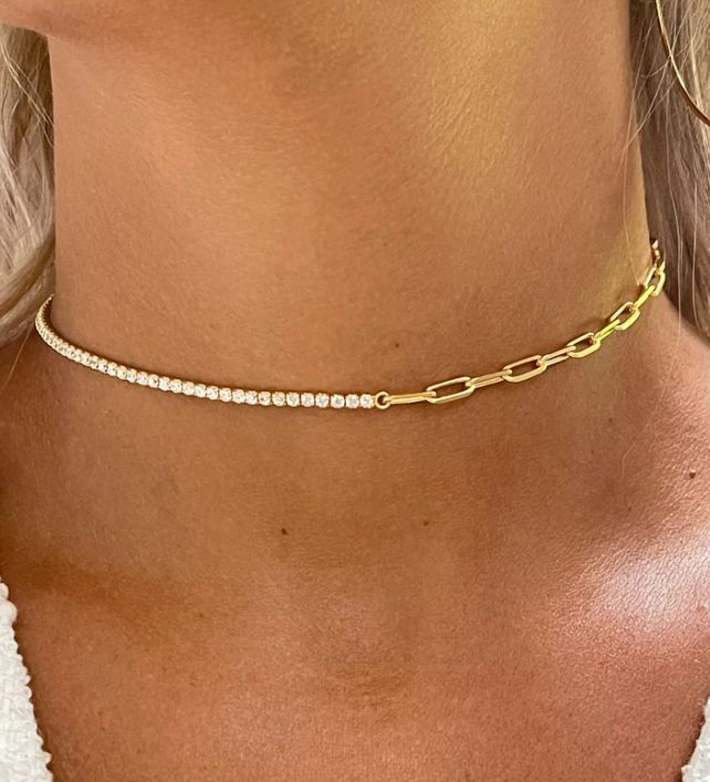 Long Link Tennis Choker, Color: 18K Yellow Gold Vermeil, Stone: Clear Crystal