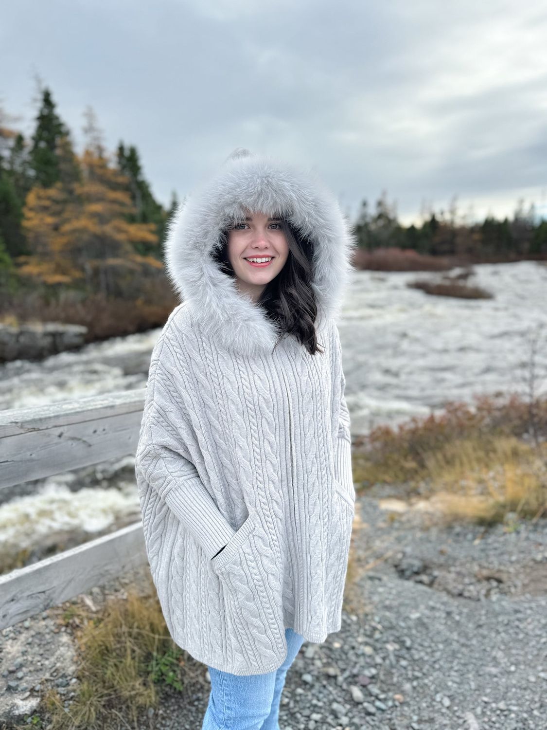 Zip Up Cable Knit Sweater Fox Trim