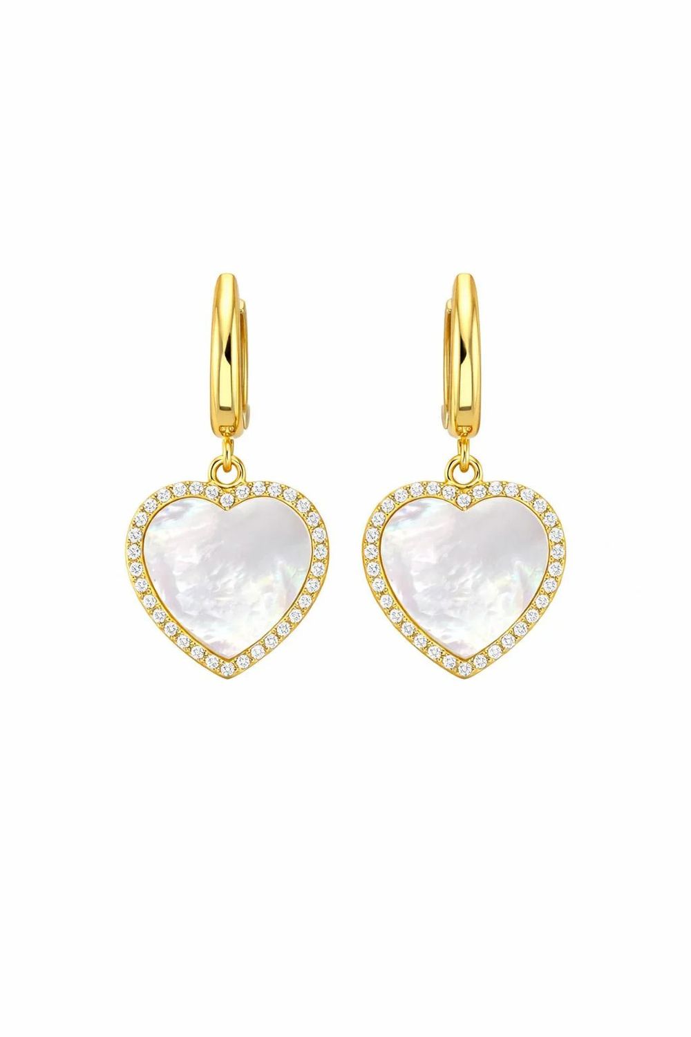 Mother of Pearl Crystal Heart Earrings, Color: 18K Yellow Gold Vermeil