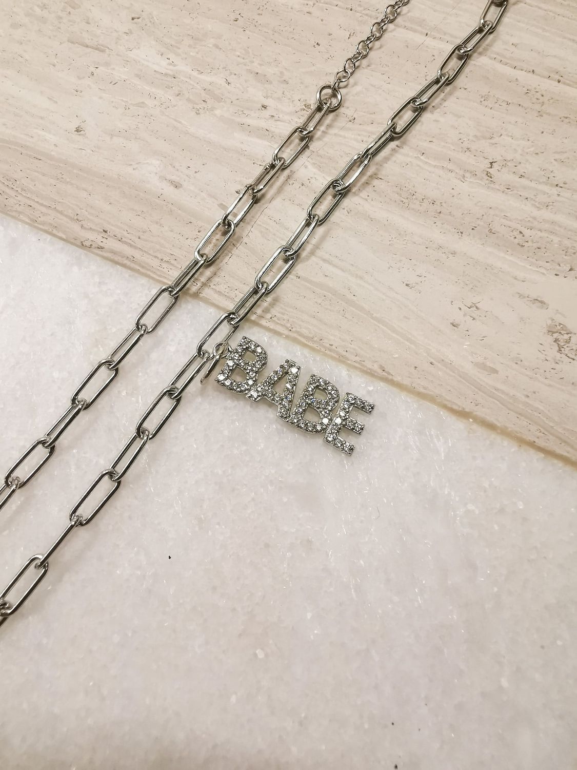 Diamond "BABE" Charm Rhodium Clear