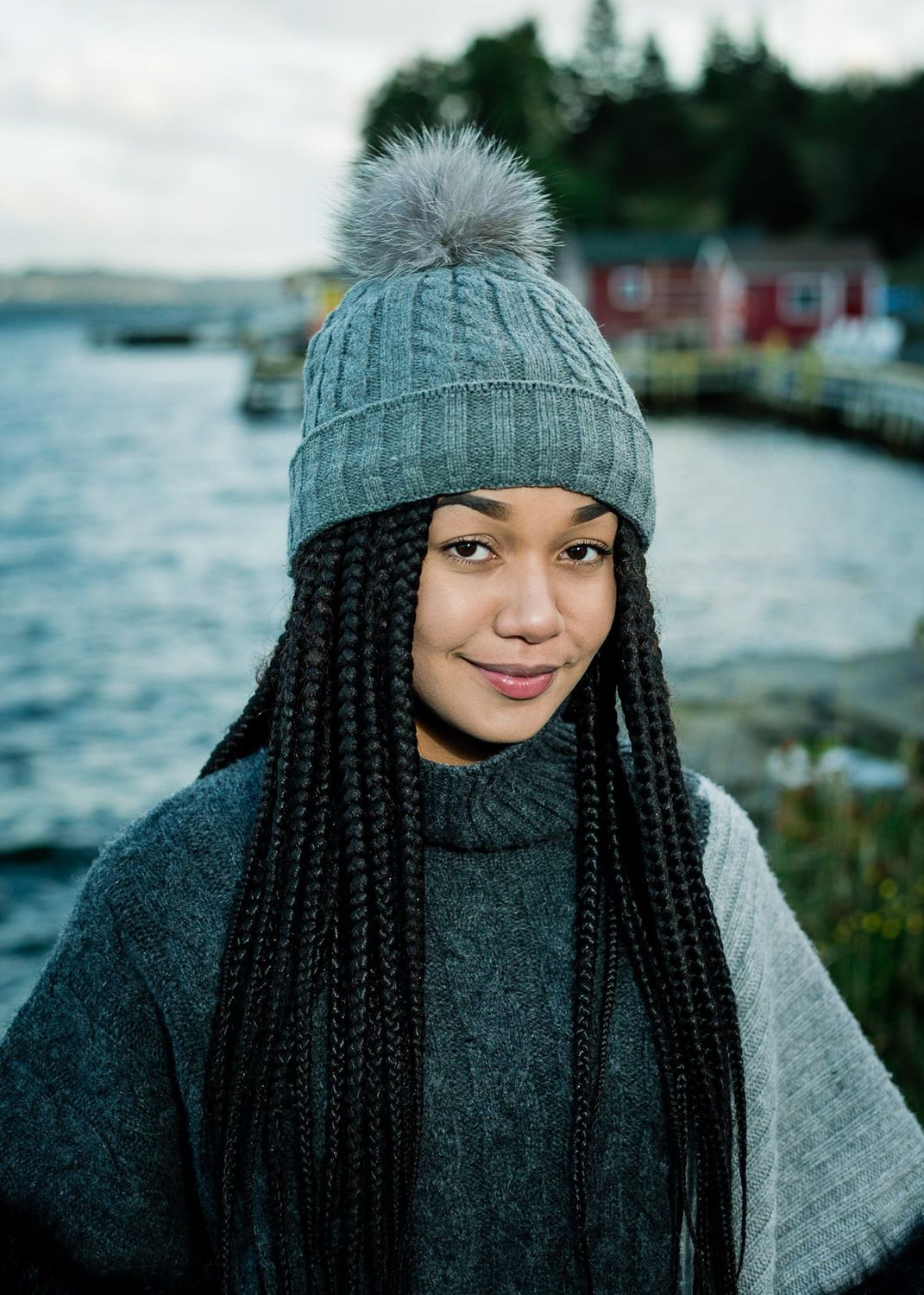 Grey Cable Knit Beanie Indigo Pom