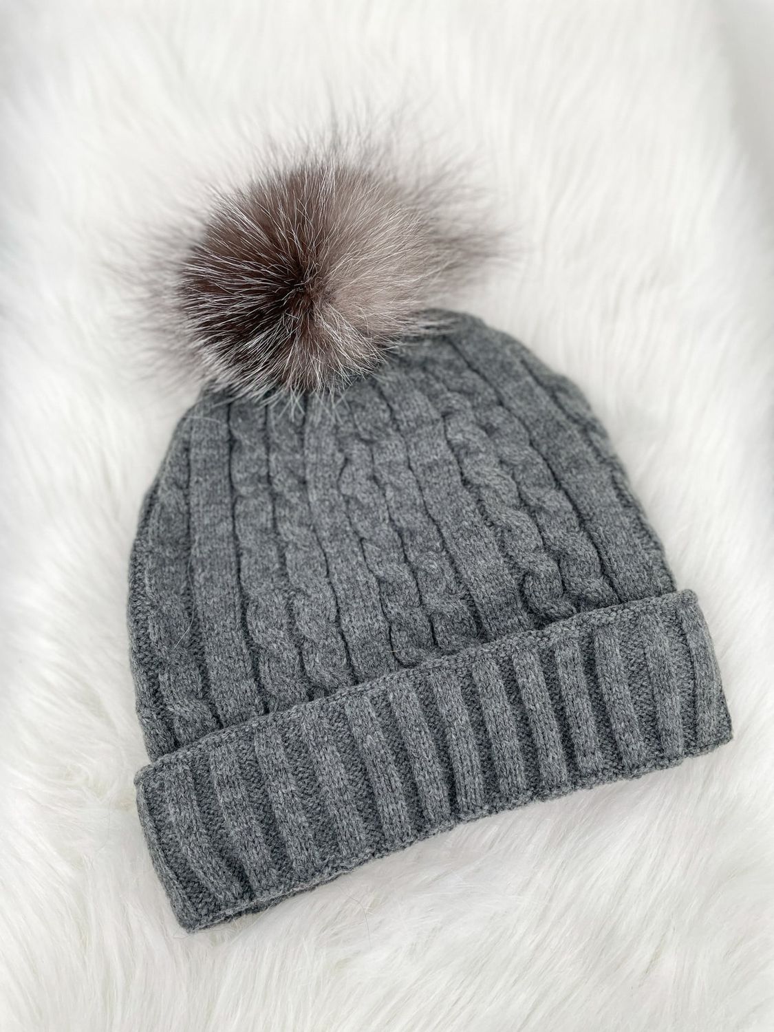 Grey Cable Knit Beanie Indigo Pom