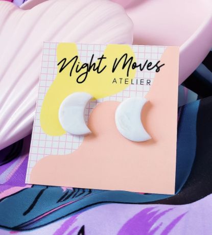 Crescent Moon Stud Earrings in White Speckle
