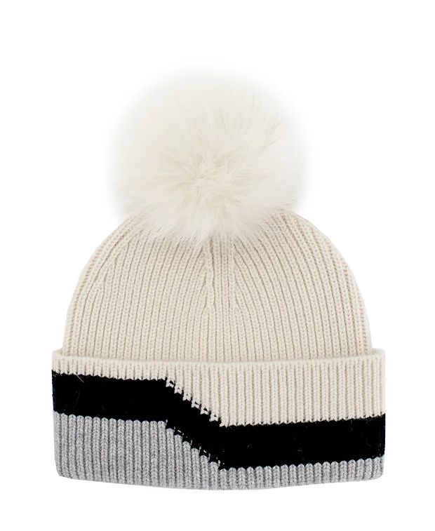 Ivory &amp; Black Cashmere Blend 3 Tone Beanie Fox Pom