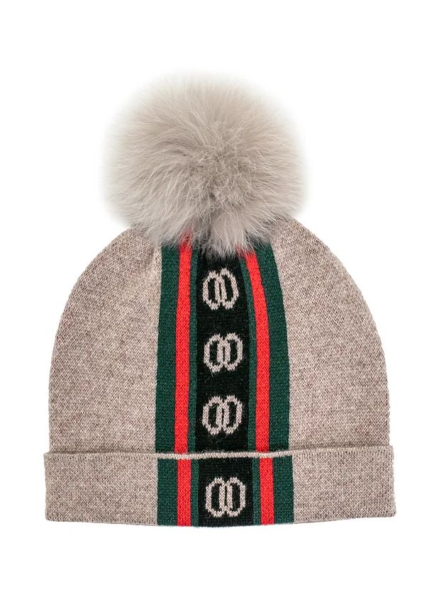 Beige Knit Hat w/Logos Fox Pom