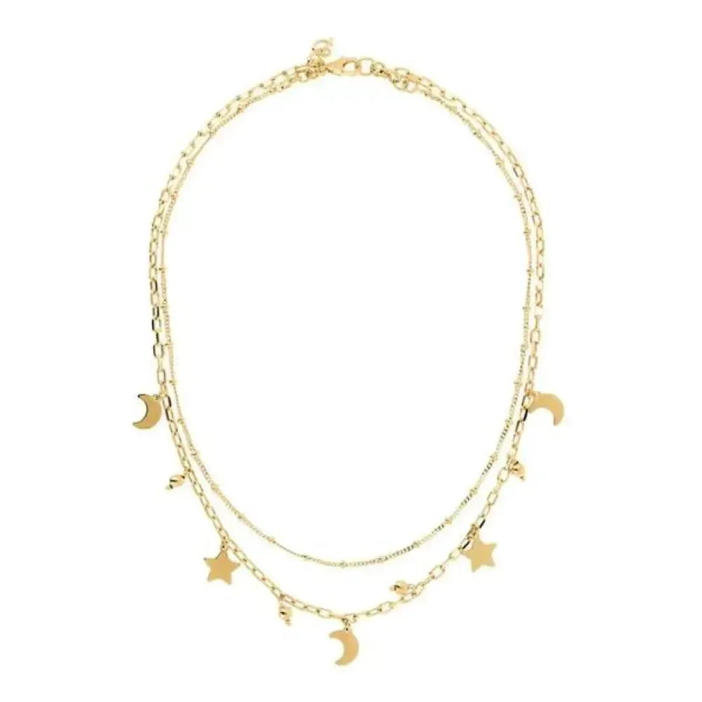 Yellow Gold 2 Moon &amp; Star Strain Necklace