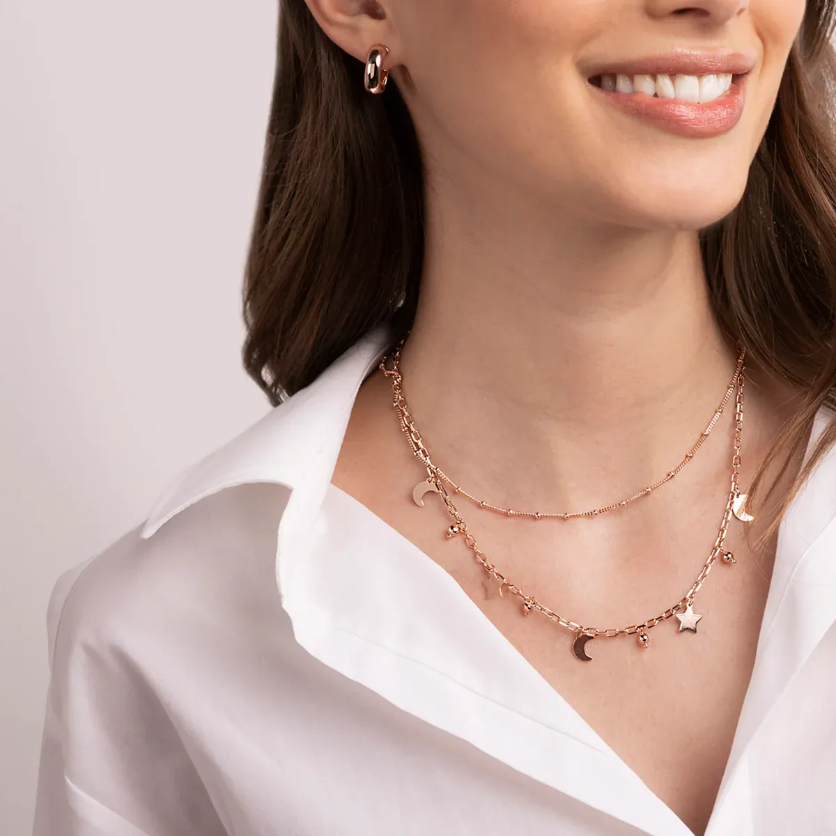 Rose Gold 2 Moon &amp; Star Strain Necklace