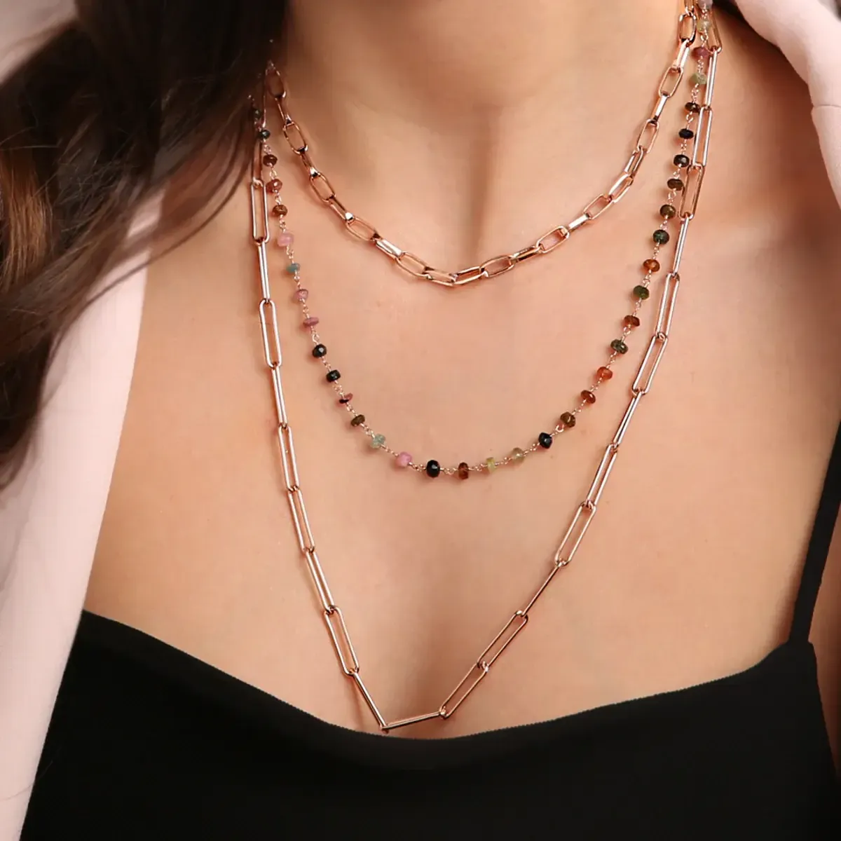 Multi-strand Forzatina Chain and Rosary Necklace with Multicolored Tourmaline