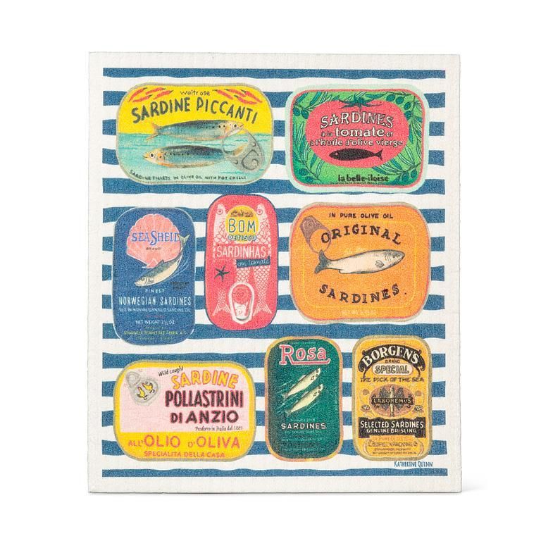 Sardine Tins on Stripes Dishcloth